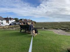 Having a rest outside the Crab & Lobster near Sidlesham, top of Pagham Harbour
